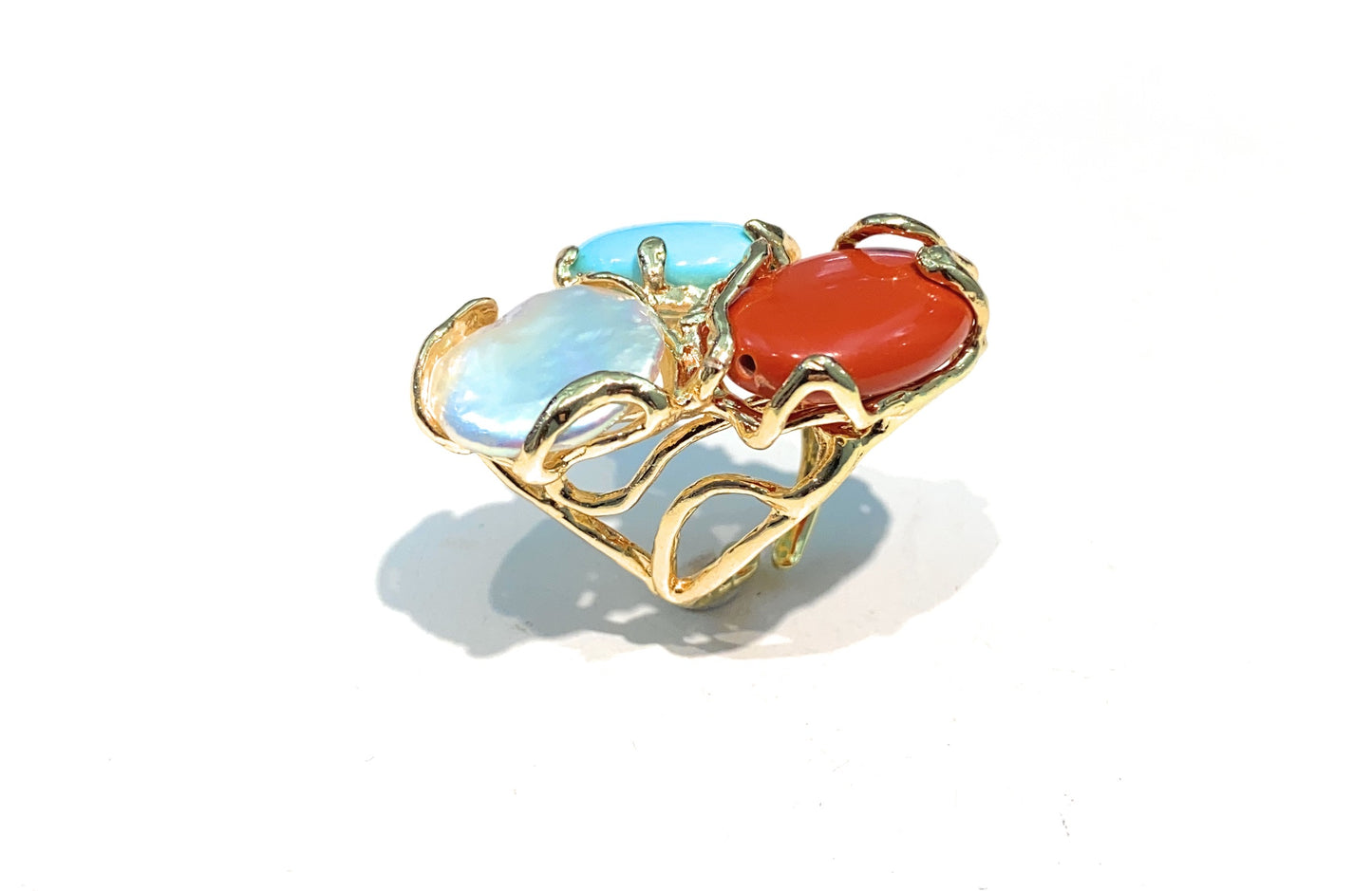 Anello diWa Jewels bronzo pasta corallo pietre dure galvanica gialla placcato oro giallo regolabile