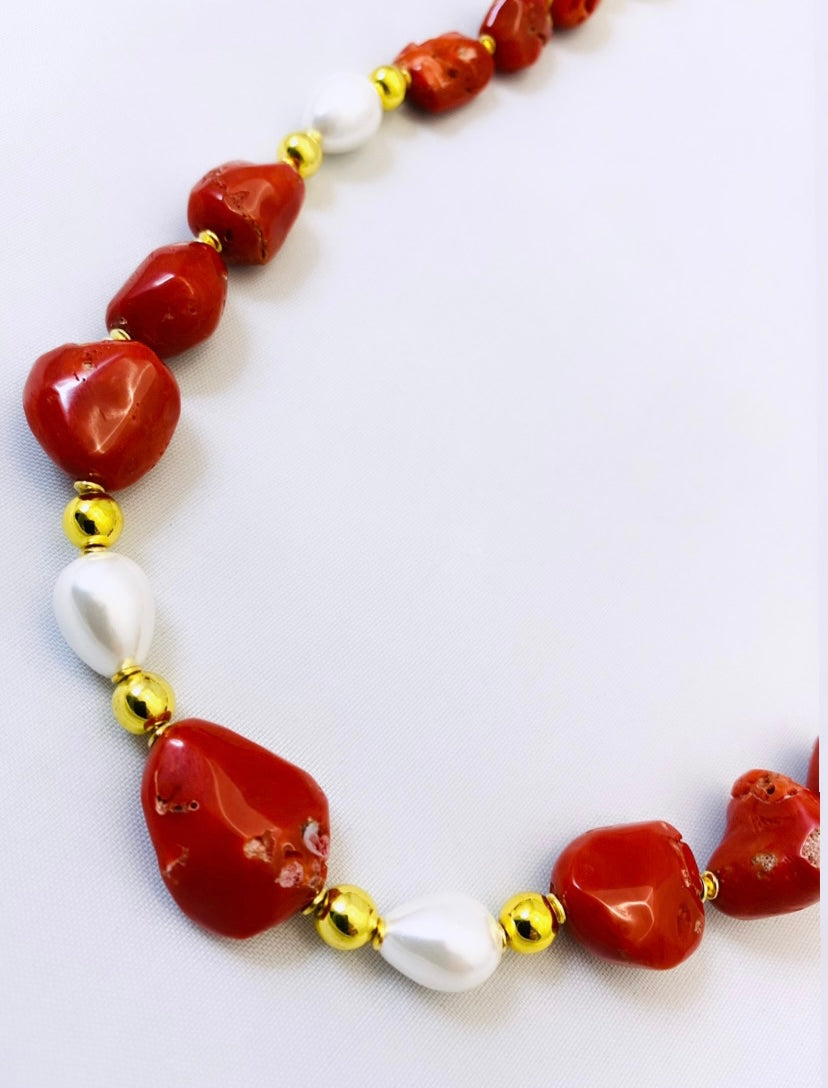 Collana corallo naturale perle fresh water ematite argento sterling placcato oro giallo