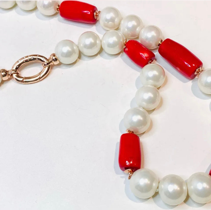 Collana perle shell e corallo bamboo in argento sterling