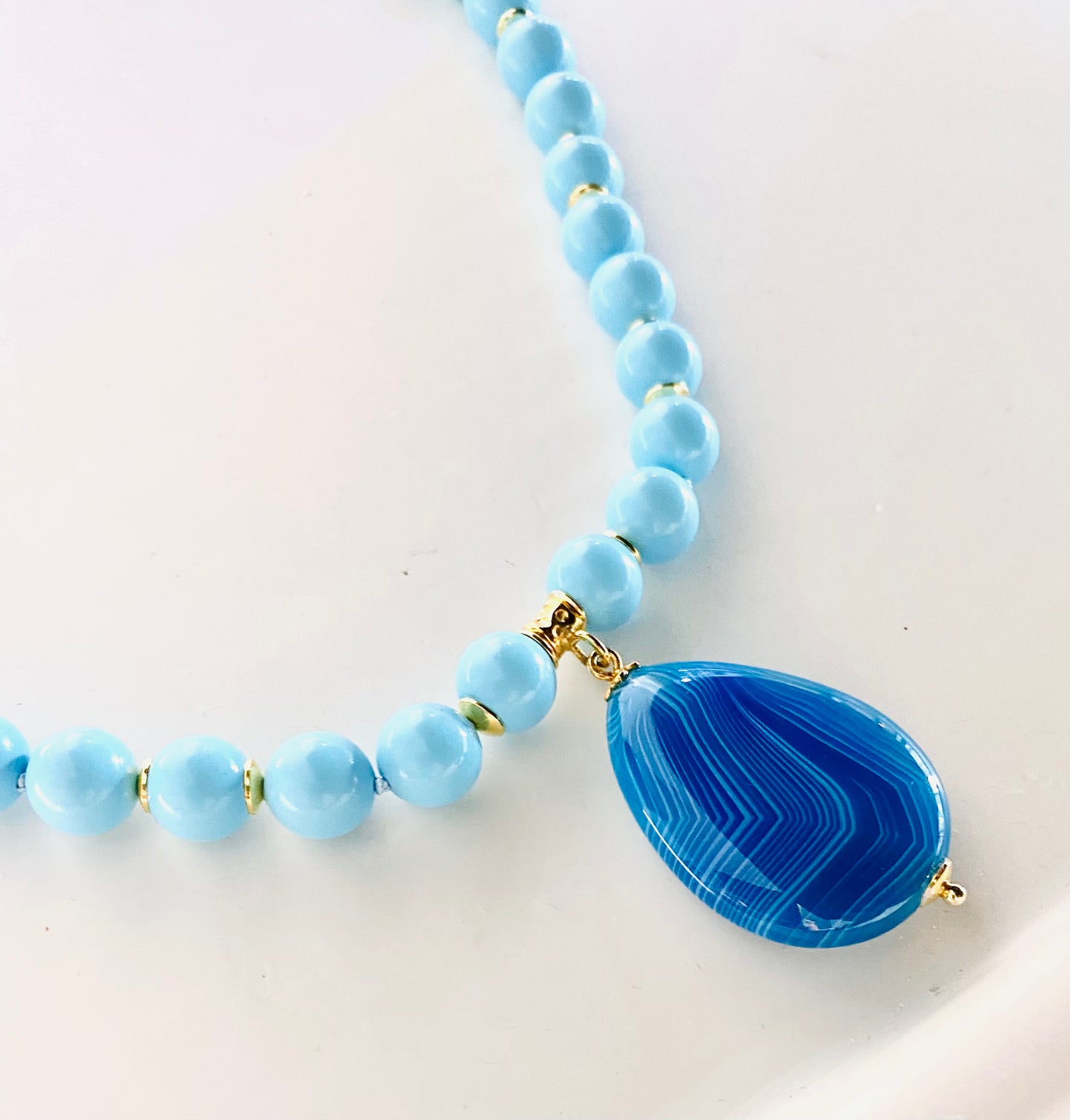 Collana pasta di turchese argento sterling e pendente a goccia agata azzurra striata