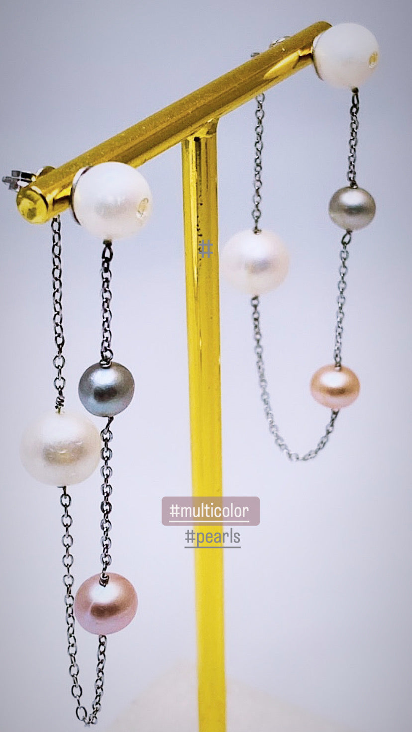 Orecchini pendenti perle multicolor argento rodiato farfallina maglia forzatina retro lobo