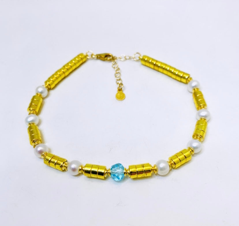Bracciale diWa Jewels Ematite e Perle Freshwater in Argento Sterling Cristalli Azzurri Regolabile