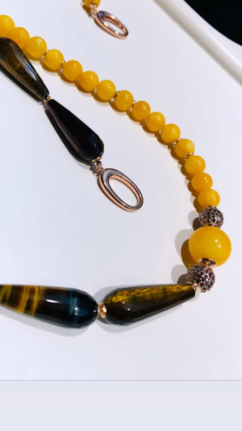 Collana diWa Jewels Giada Gialla Occhio di Tigre Marrone/Giallo gocce Argento Sterling placcato oro giallo