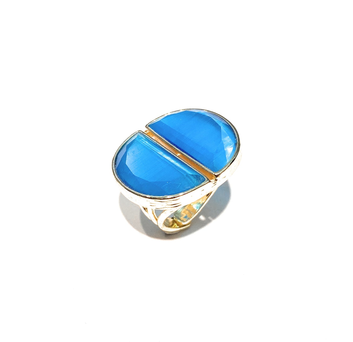 Anello bronzo occhio tigre azzurro galvanica gialla