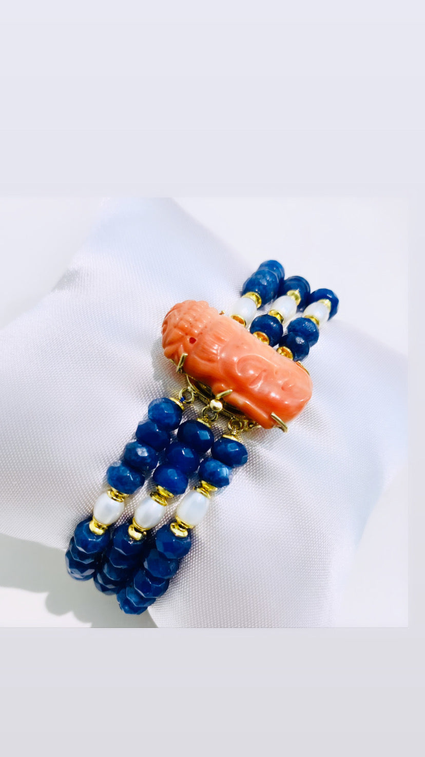 Bracciale diWa Jewels con Corallo e Oro giallo 18 kt Giada Zaffiro rondelle e Perle Fresh water