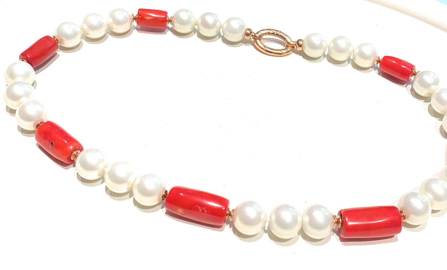 Collana perle shell e corallo bamboo in argento sterling