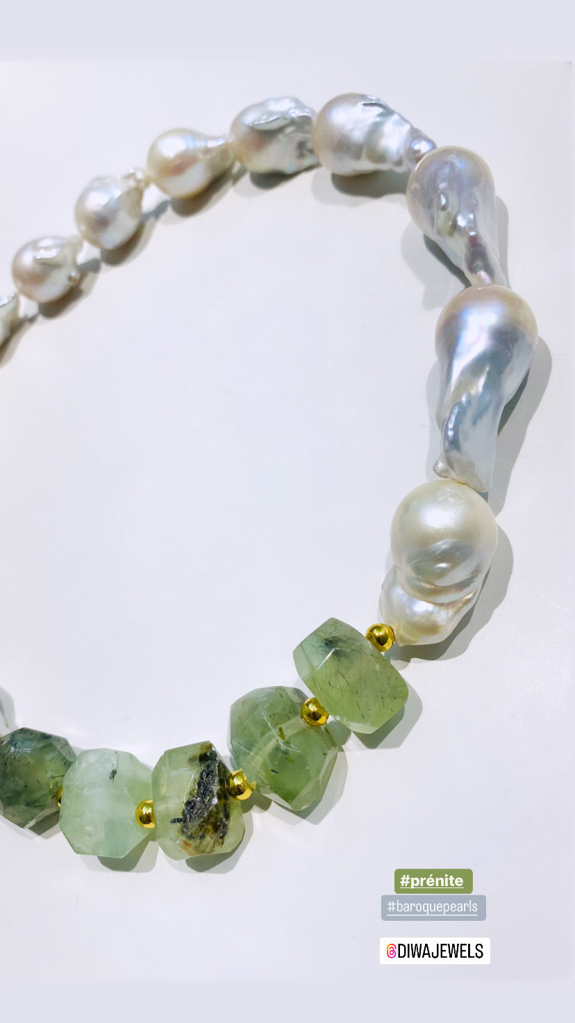 Collana diWa Jewels Perle Barocche Grandi e Prenite sasso irregolare in Argento Sterling con Chiusura Preziosa placcata oro giallo rettangolare con Zirconi