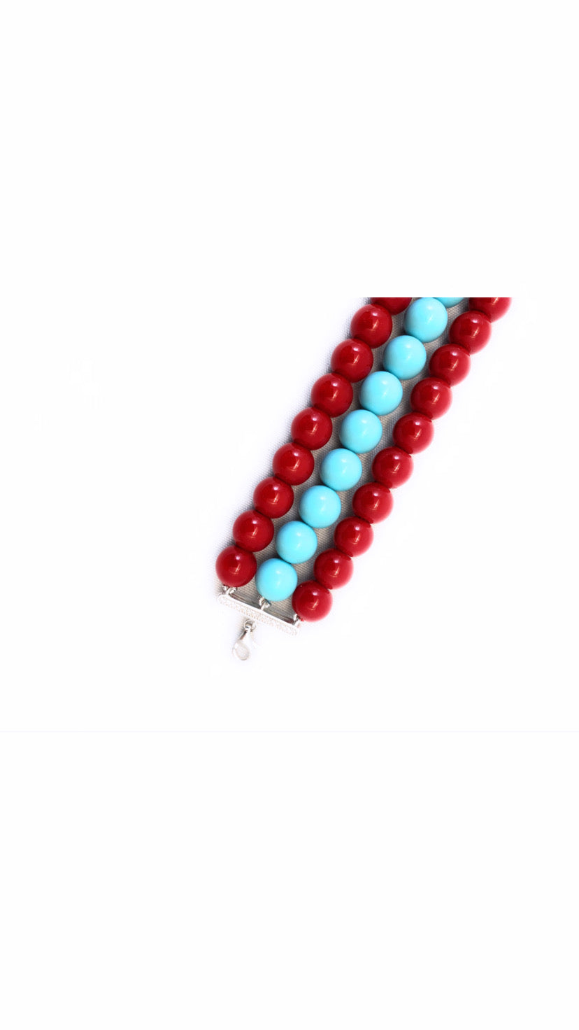 Bracciale diWa Jewels a tre fili Pasta Turchese e Conchiglia Rossa in Argento Sterling 925 Regolabile