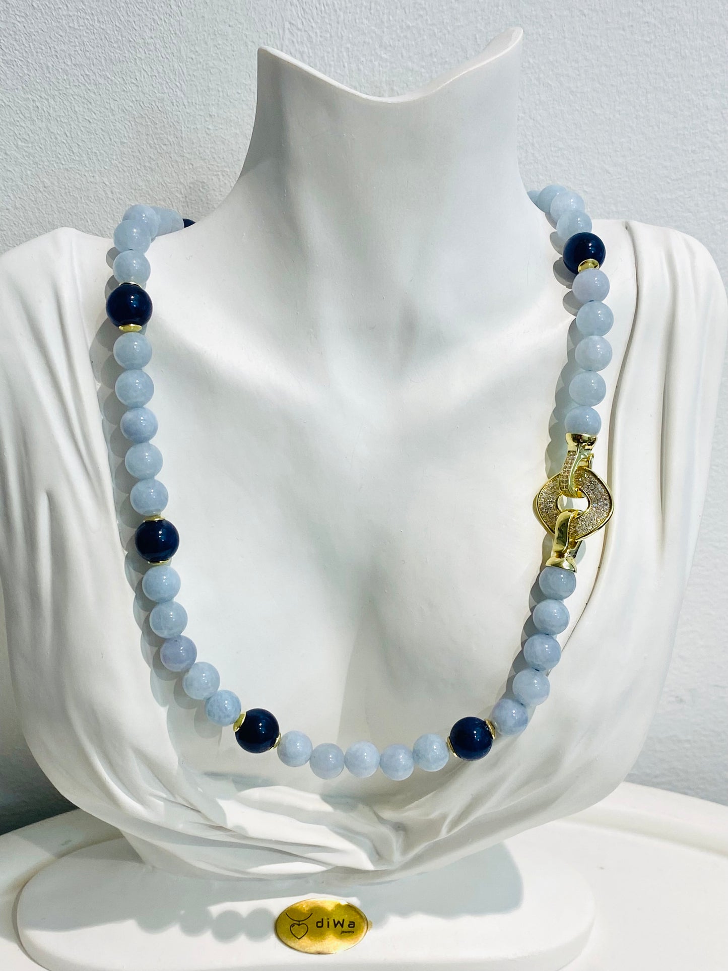 Collana Giada Acquamarina e Zaffiro in Argento Sterling Preziosa Chiusura con Zirconi Pezzo Unico