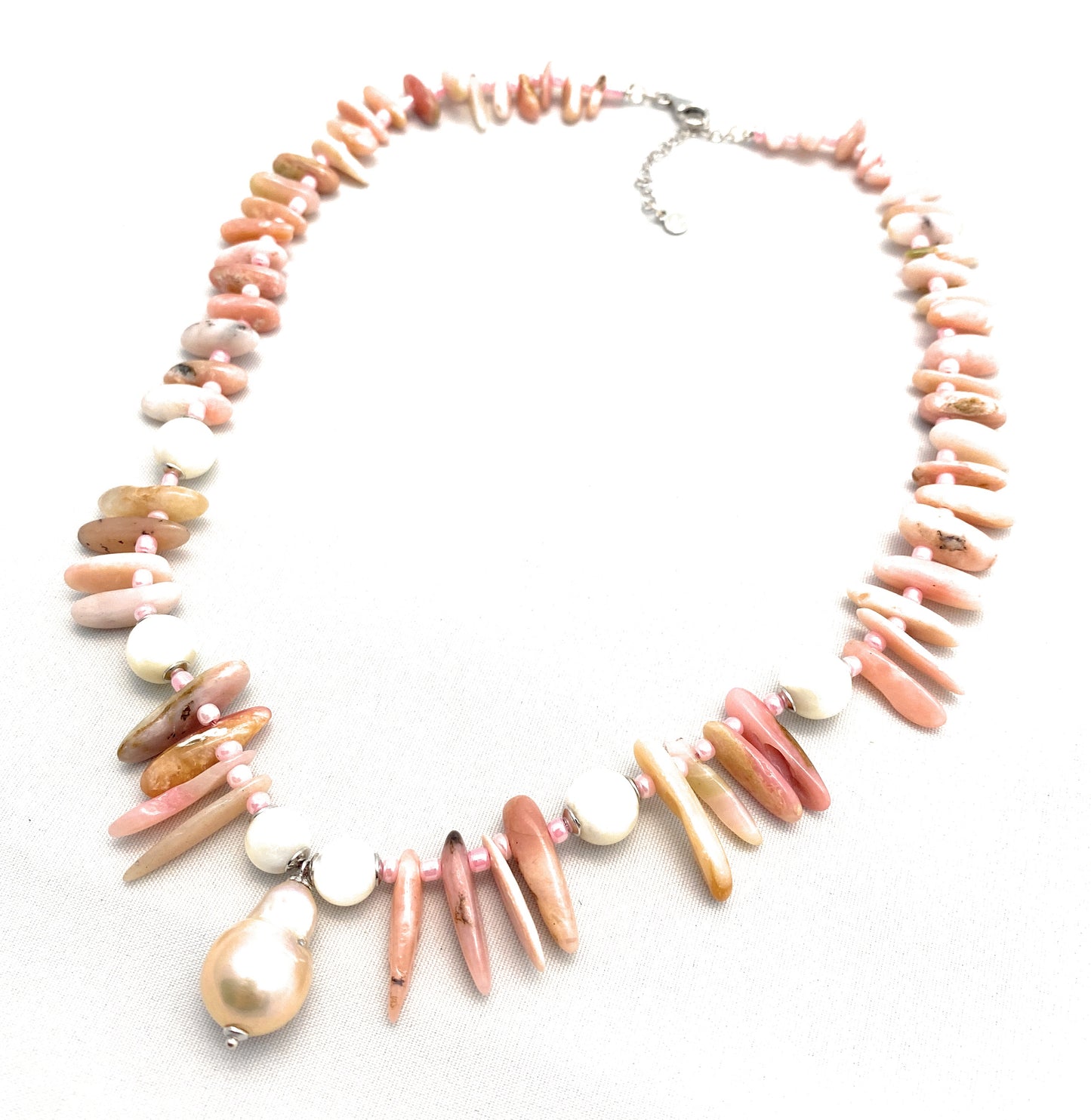 Collana choker opale rosa madreperla centrale perla barocca fresh water argento sterling