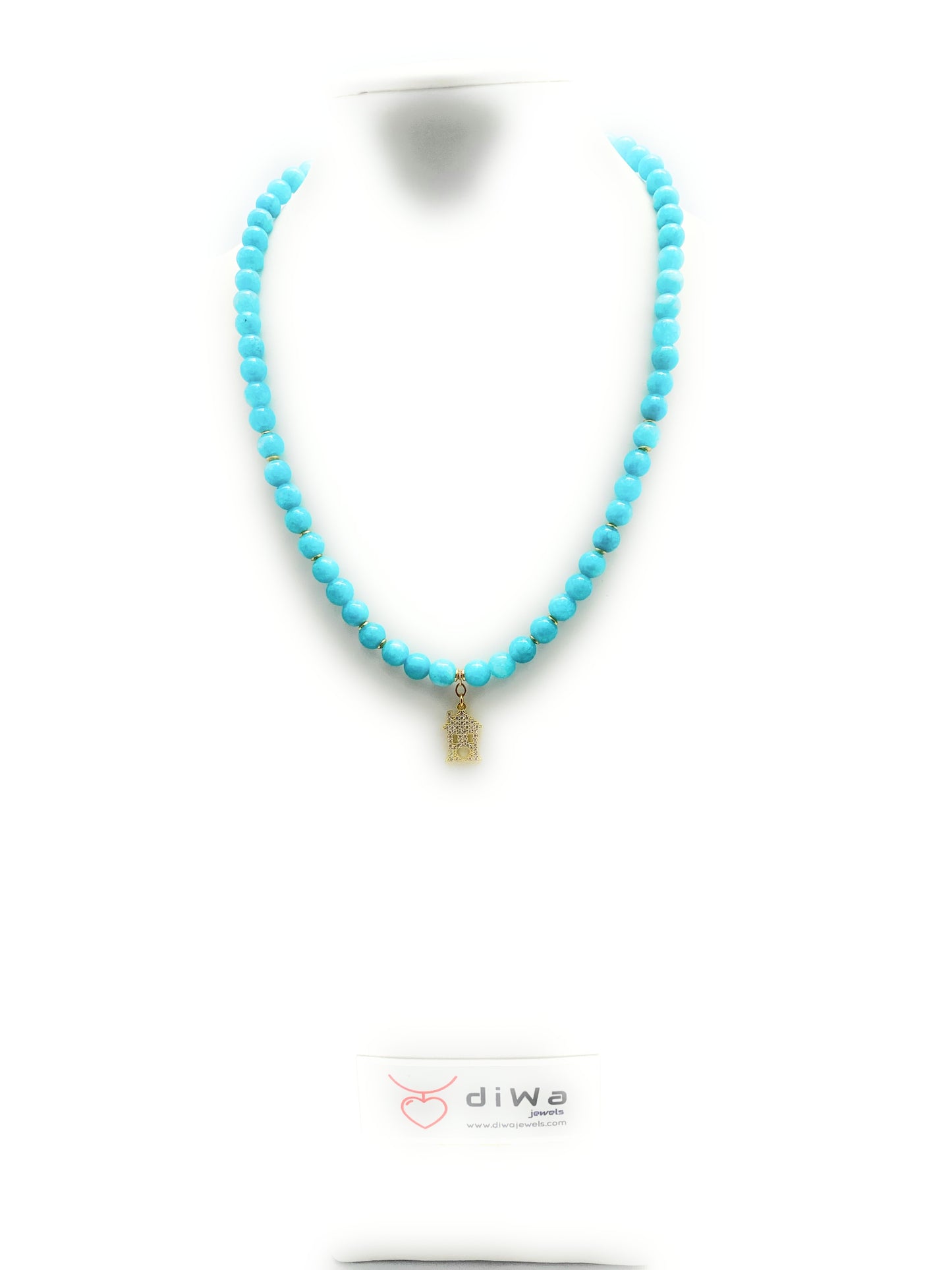Collana in argento sterling e giada turchese liscia tonda pendente “home”