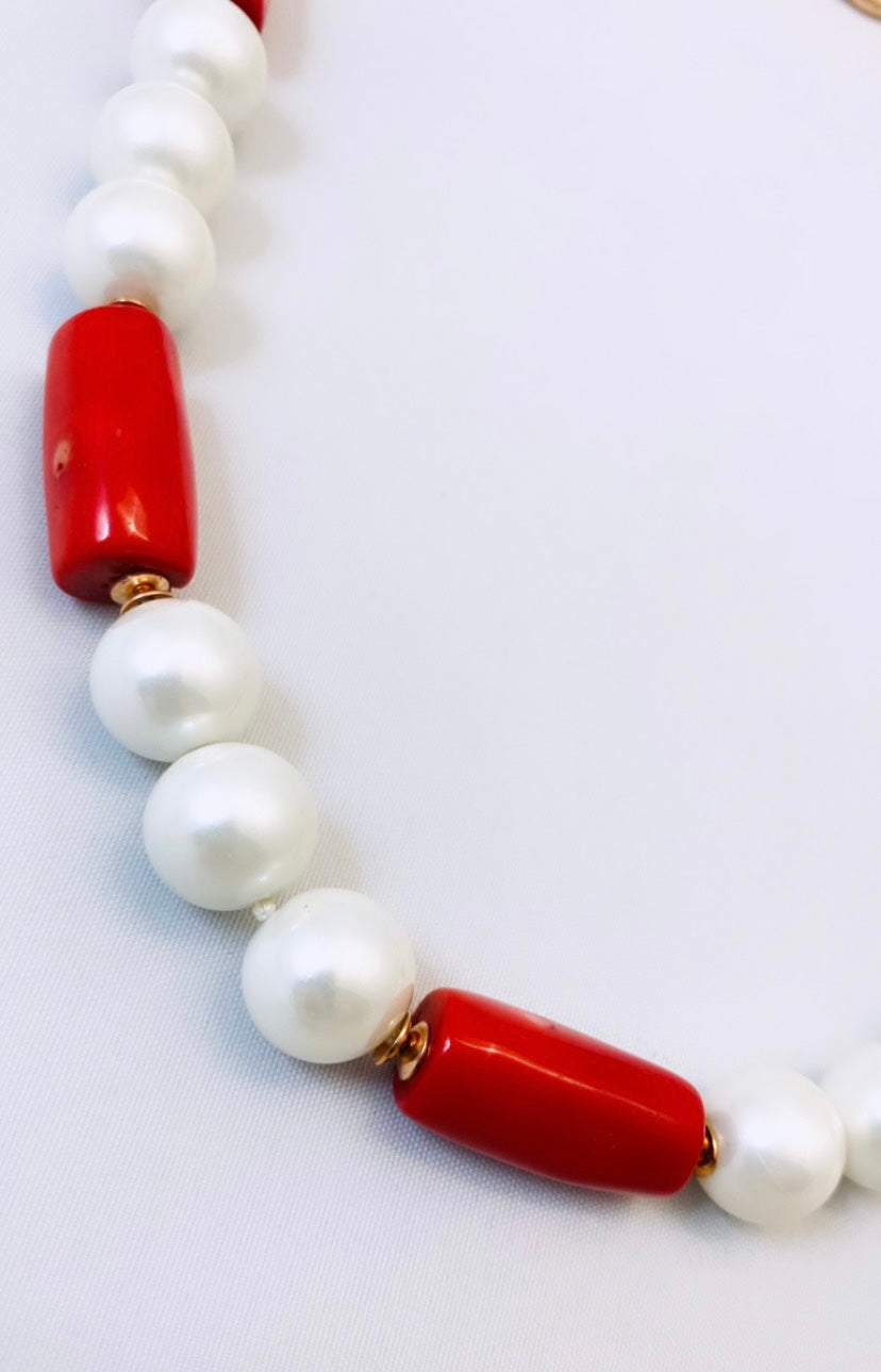 Collana perle shell e corallo bamboo in argento sterling