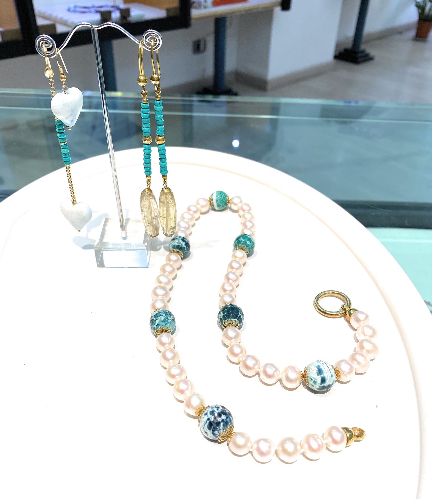 Collana diWa Jewels Perle fresh water barocche e Agata Verde in argento sterling 925 placcato oro giallo