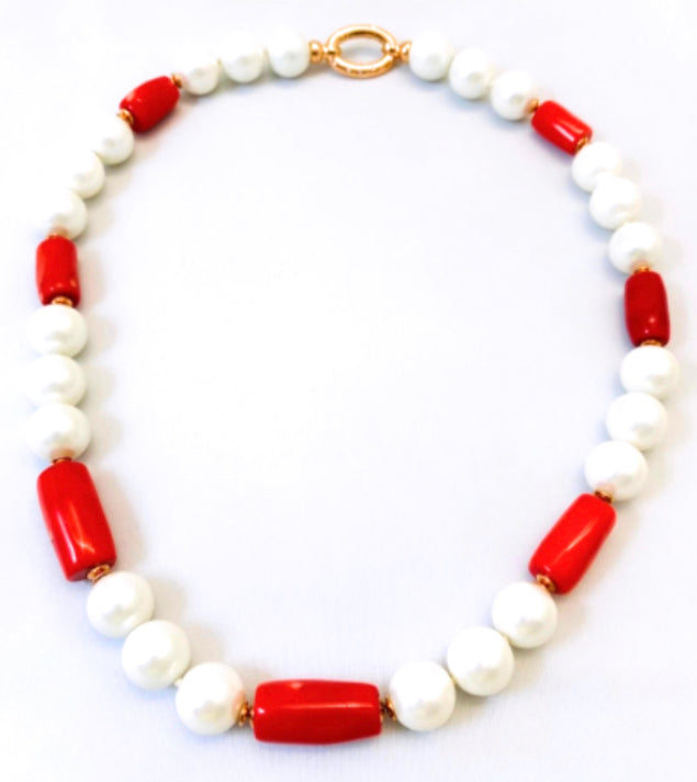 Collana perle shell e corallo bamboo in argento sterling