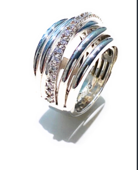 Anello fascia rodio bianco e zirconi