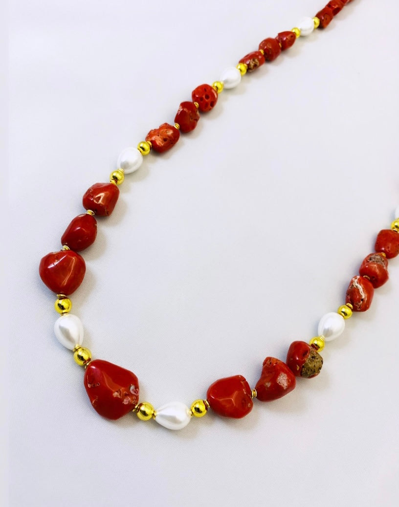 Collana corallo naturale perle fresh water ematite argento sterling placcato oro giallo