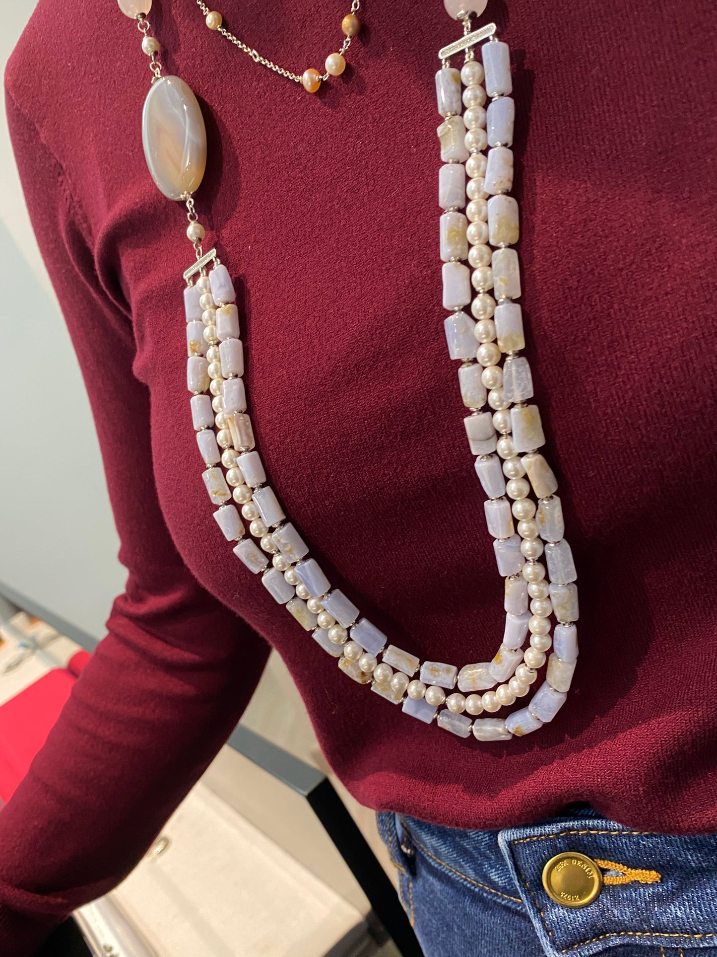Collana quarzo rosa, perle Maiorca, agata striata viola e calcedonio