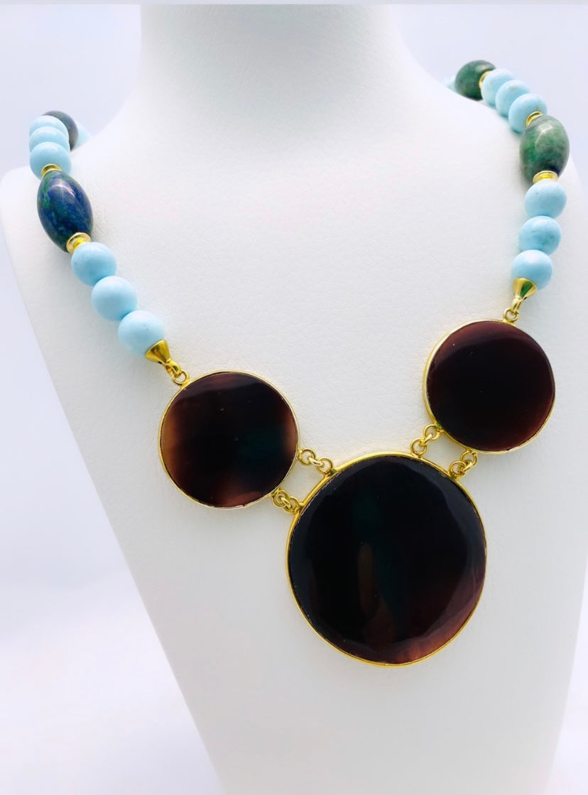 Collana turchese e lapislazzuli e centrale in osso argento sterling