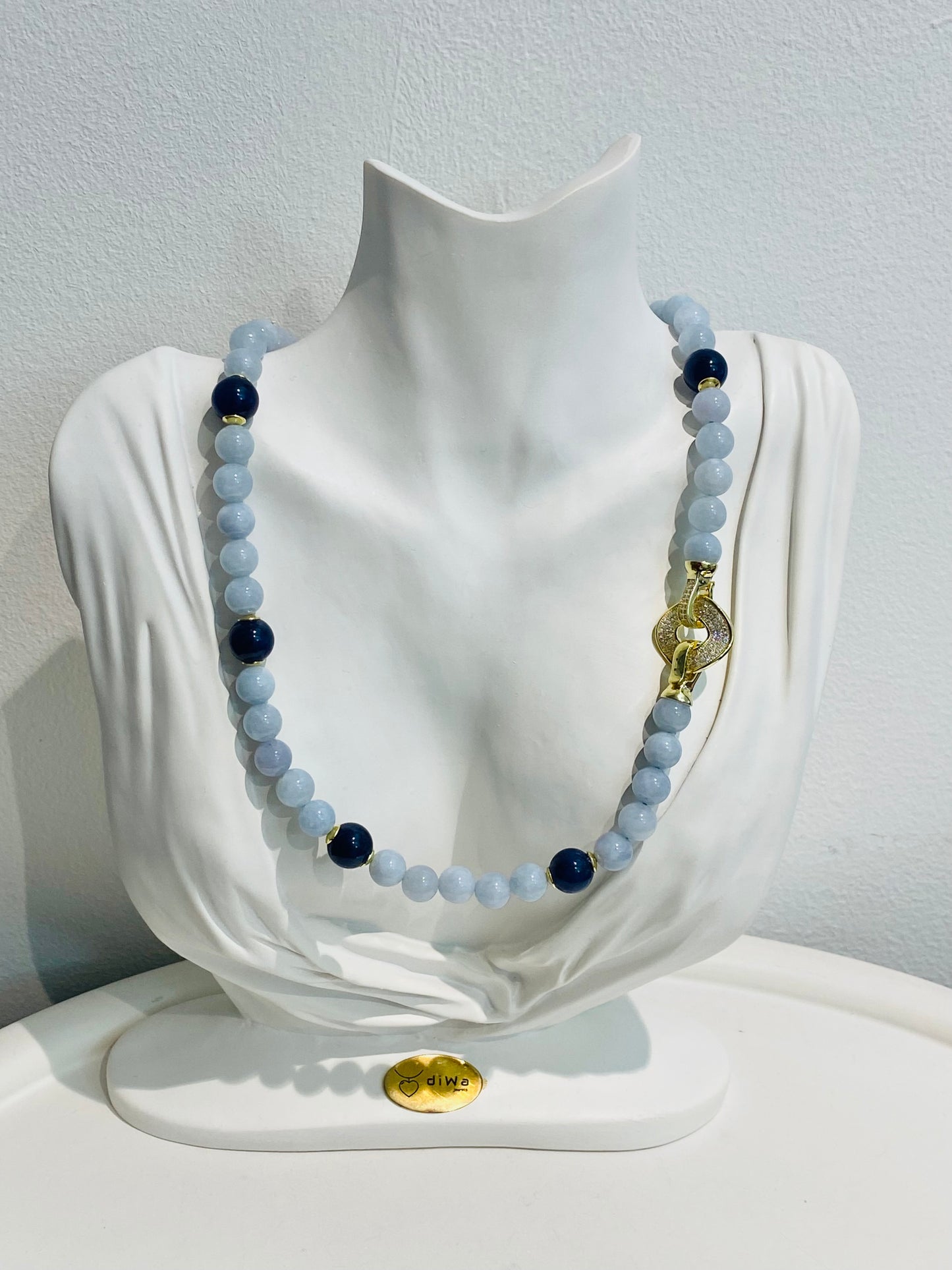 Collana Giada Acquamarina e Zaffiro in Argento Sterling Preziosa Chiusura con Zirconi Pezzo Unico
