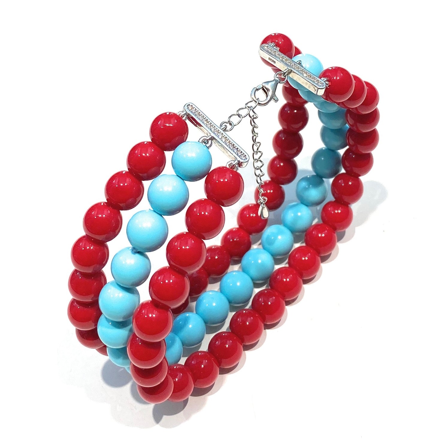 Bracciale diWa Jewels a tre fili Pasta Turchese e Conchiglia Rossa in Argento Sterling 925 Regolabile