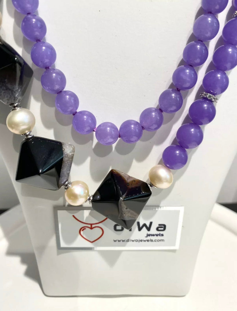 Collana diWa Jewels con agata striata viola e perle in argento sterling rodio bianco
