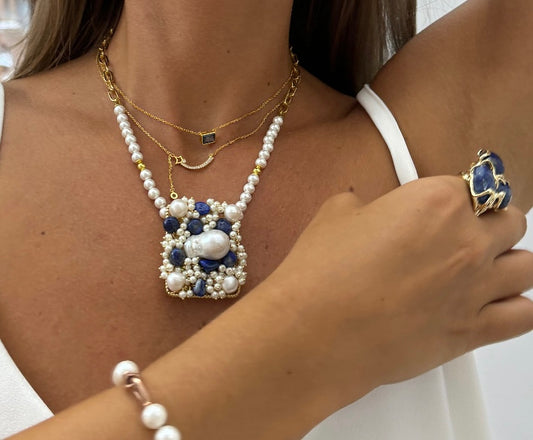 Collana diWa Jewels perle e lapislazzuli con catena rettangolare pezzo unico