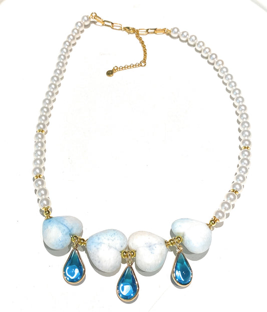 Collana choker perle centrale cuori gocce cristalli azzurri argento sterling