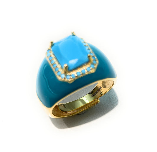 Anello Chevalier Smalto Turchese centrale Pasta Turchese Argento 925 Galvanica Gialla Regolabile