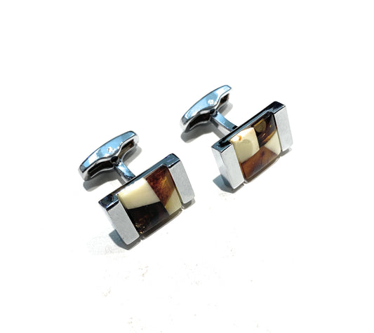 Gemelli Uomo Ambra Naturale Baltico Acciaio Rettangolari Mosaico Artigianale
