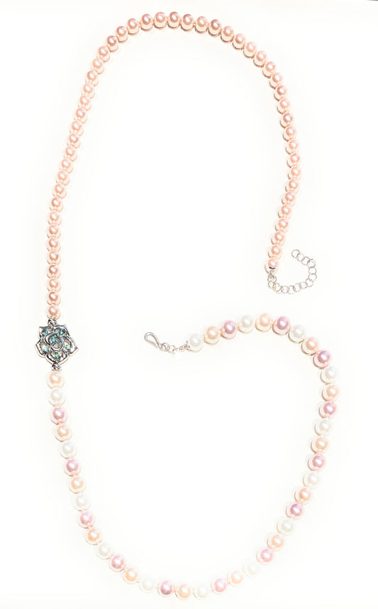 Collana lunga perle Maiorca rosate centrale rosellina bronzo cristalli azzurri chiusura in argento sterling rodiato bianco