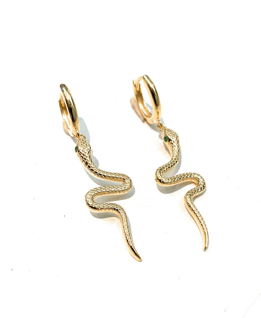 Orecchini Pendenti Serpentino Argento 925 Dorato Cerchietto Zirconi Verdi diWa Jewels