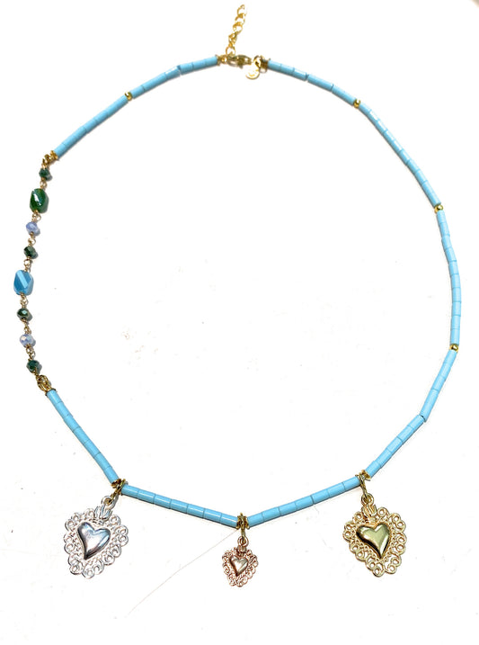 Collarino tubetto pasta turchese catena alternata pietre semi preziose e ematite turchese argento sterling con charms cuore