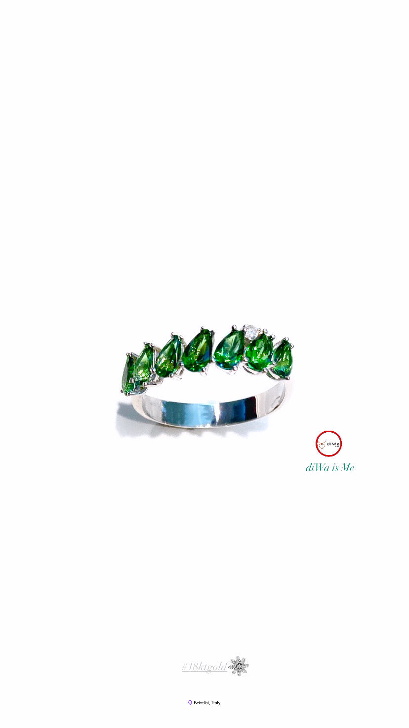 Anello veretta gocce topazio verde paraiba diamante naturale oro bianco 18 Kt