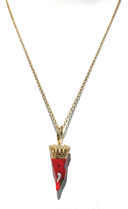 Collarino cornetto portafortuna smalto rosso argento sterling placcato oro giallo maglia rolò
