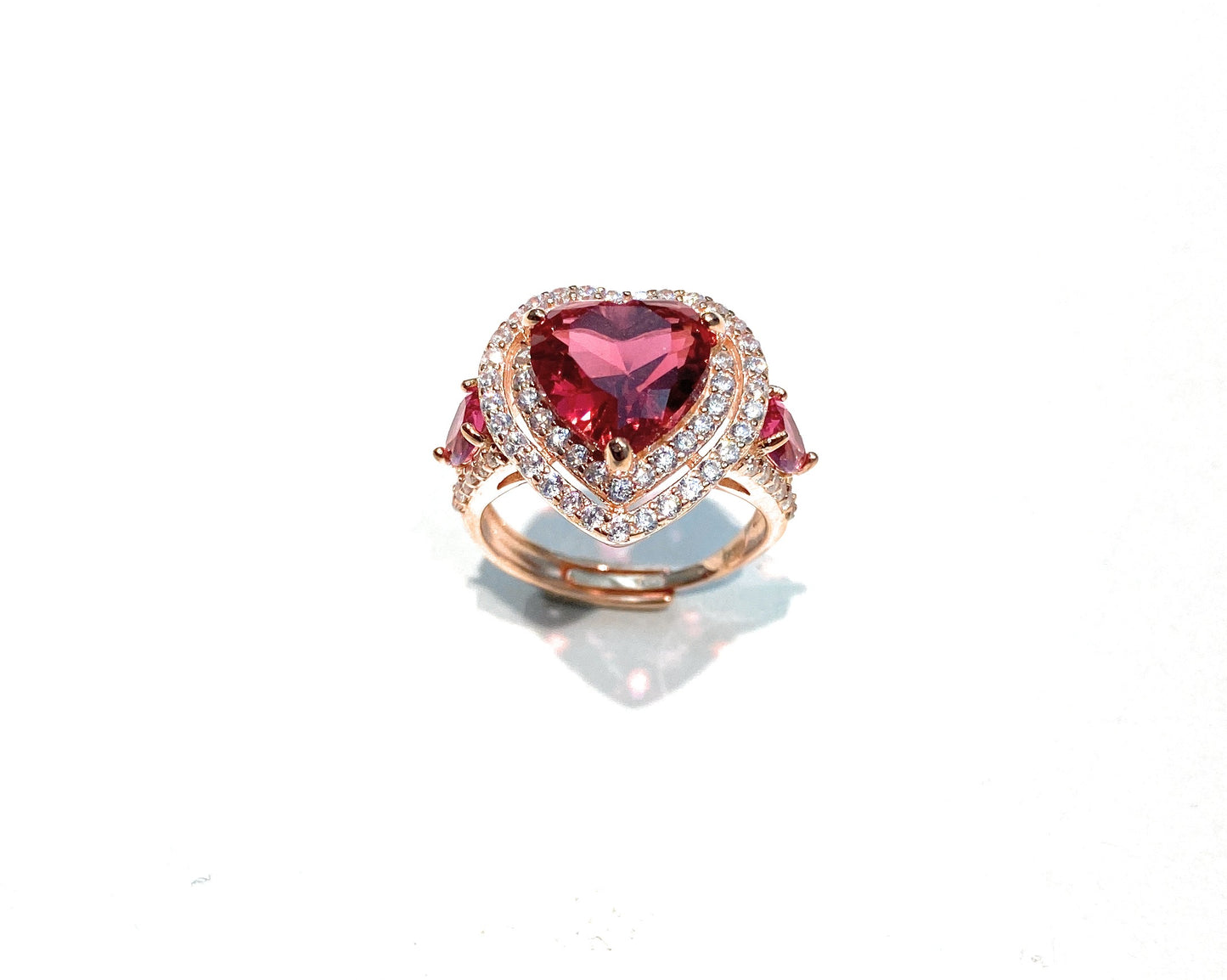 Anello Cuore Donna Argento 925 Rosé Zirconi Rossi Regolabile Misura 15 diWa Jewels