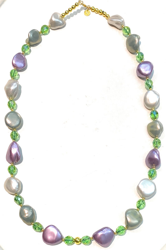 Collana perle multicolore free form cristalli verdi sfaccettati argento sterling placcato oro giallo