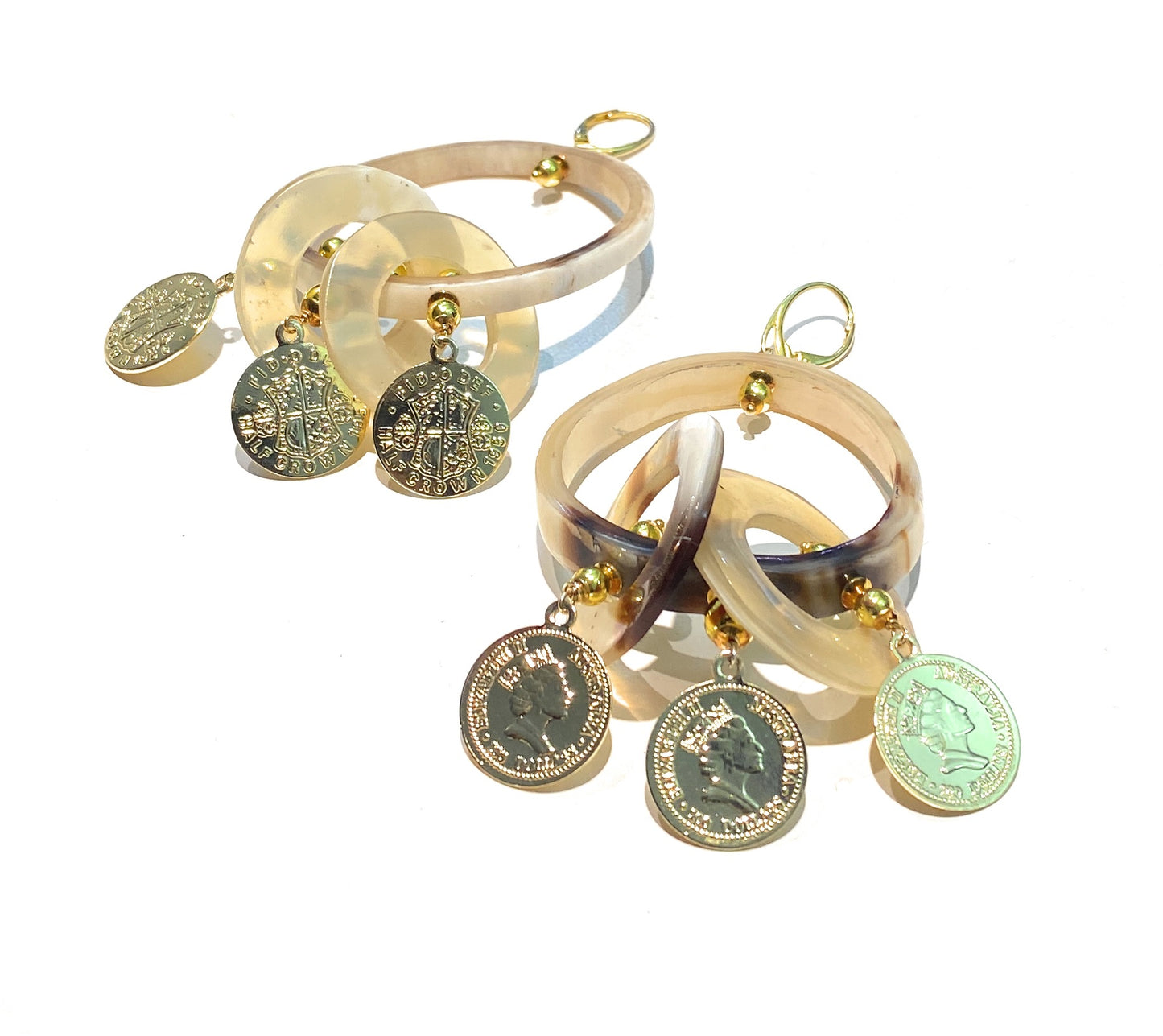 Orecchini Pendenti Monachella Corno Naturale Charms Monete Argento Sterling fatti a mano