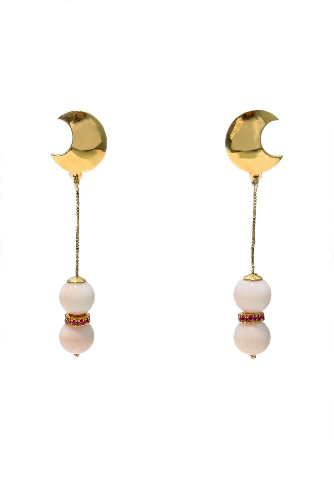 Orecchini Corallo Rosato Oro 18 Kt Mezza Luna Rubini