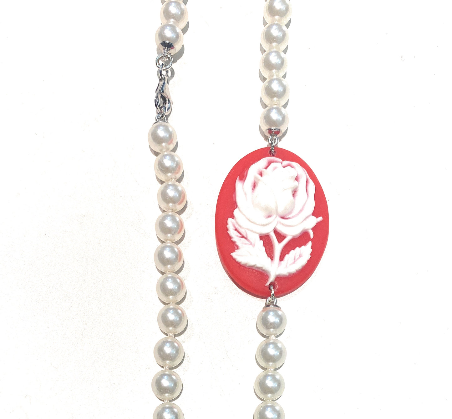 Collana Girocollo Perle Maiorca Centrale Cameo Rosso Ovale cesello Fiore Argento 925