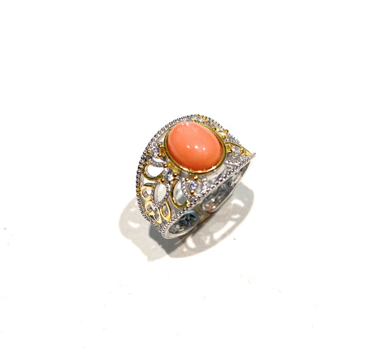 Anello a fascia filigrana argento sterling bicolore corallo arancio cabochon regolabile