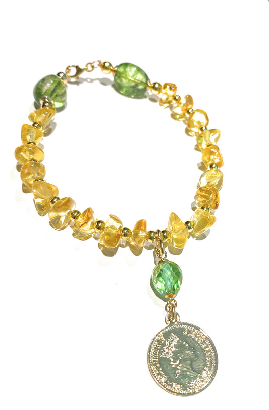 Bracciale Ambra Naturale & Cristalli Verdi con Charm Moneta Oro Giallo diWa Jewels