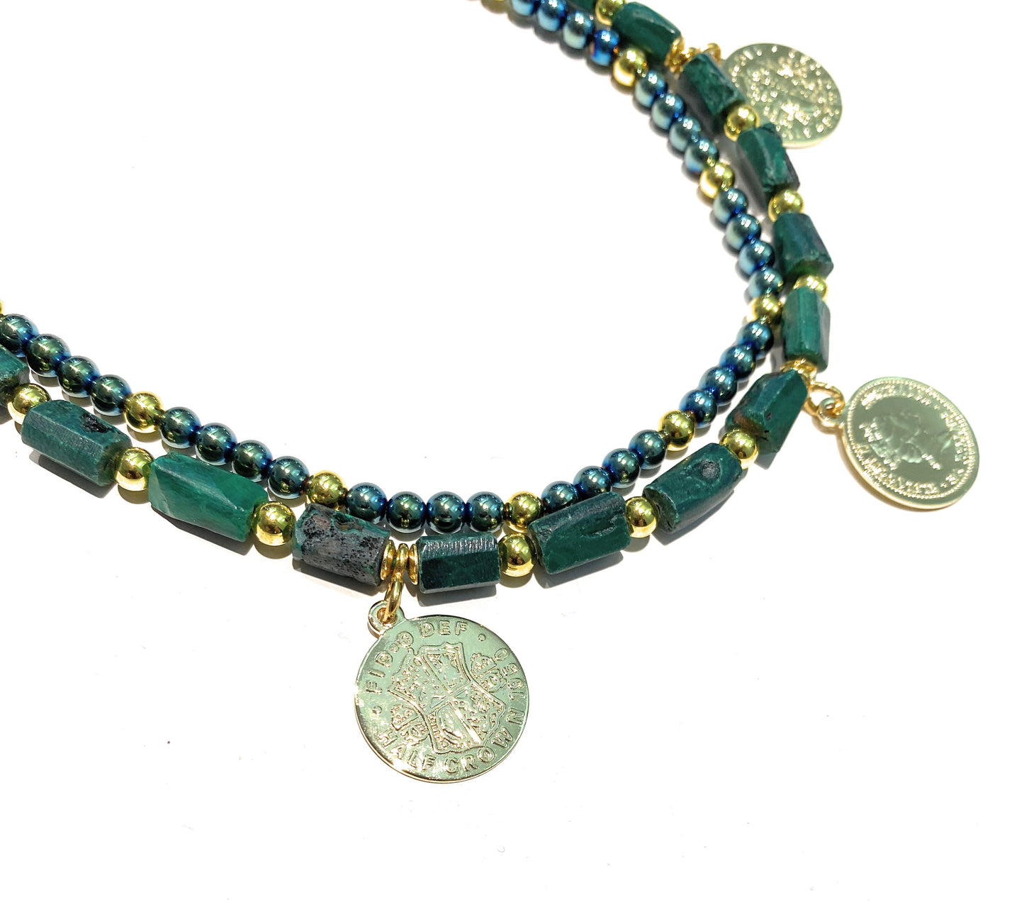 Collana Charms Monete Doppio Filo Malachite Ematite verde Argento 925 placcato Oro Giallo