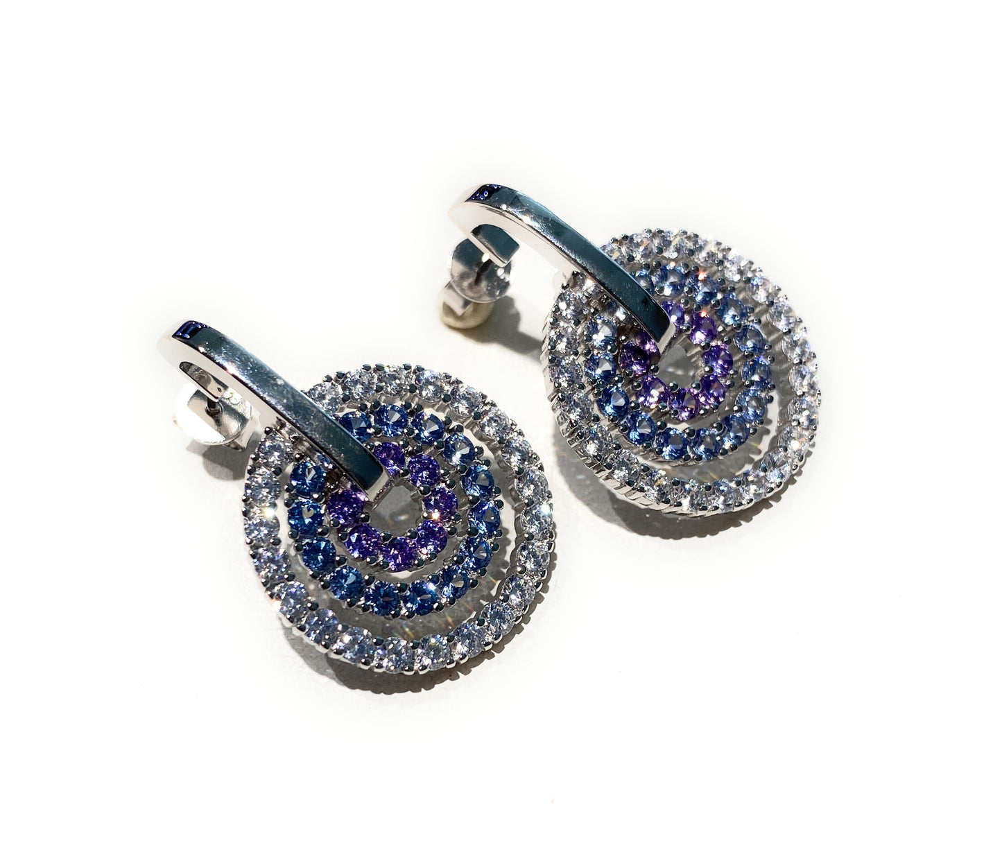 Orecchini Eleganti 3 cerchi concentrici Zirconi sfumature lilla blue Argento Sterling 925 farfallina