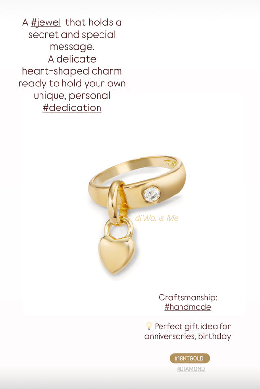 Anello fascia in oro 18 kt con charm cuore e diamante personalizzato