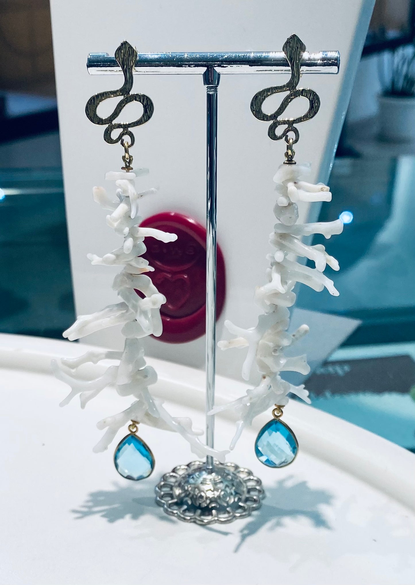 Orecchini diWa Jewels pendenti Frange Corallo bianco gocce azzurre Argento sterling galvanica gialla personalizzabili