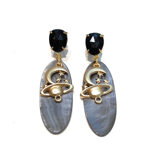 Orecchini diWa Jewels Pendenti Occhio di Gatto Nero ciondolo Pianeti Zama e Lastra Madreperla Grigia farfallina