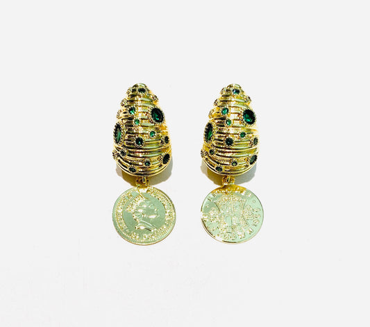 Orecchini diWa Jewels perno con Goccia e Pendente Moneta in bronzo placcato oro farfallina in argento 925