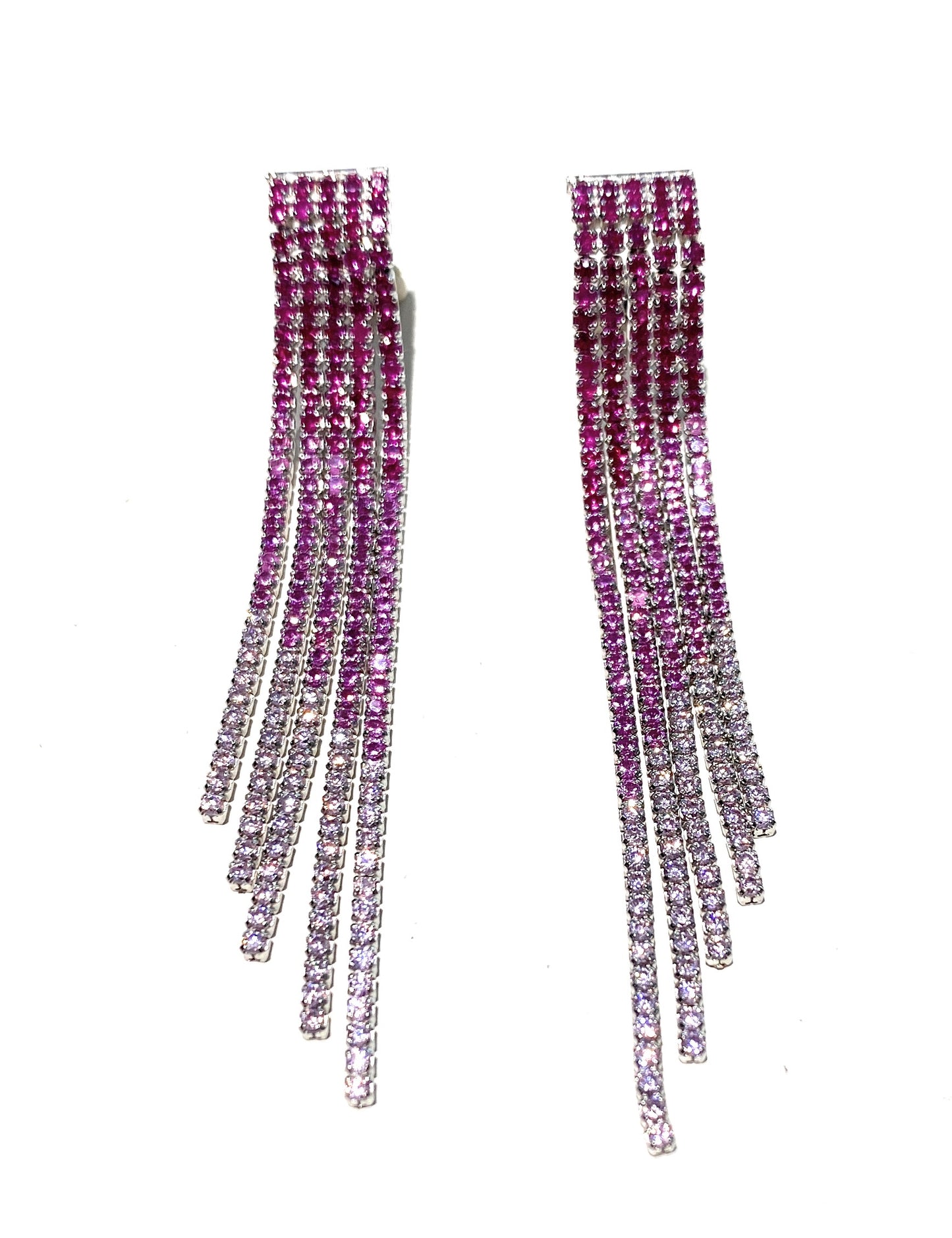 Orecchini tipo tennis 5 file degradé zirconi fucsia con sfumature rodio bianco