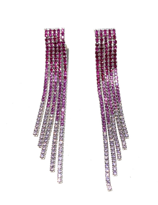 Orecchini tipo tennis 5 file degradé zirconi fucsia con sfumature rodio bianco