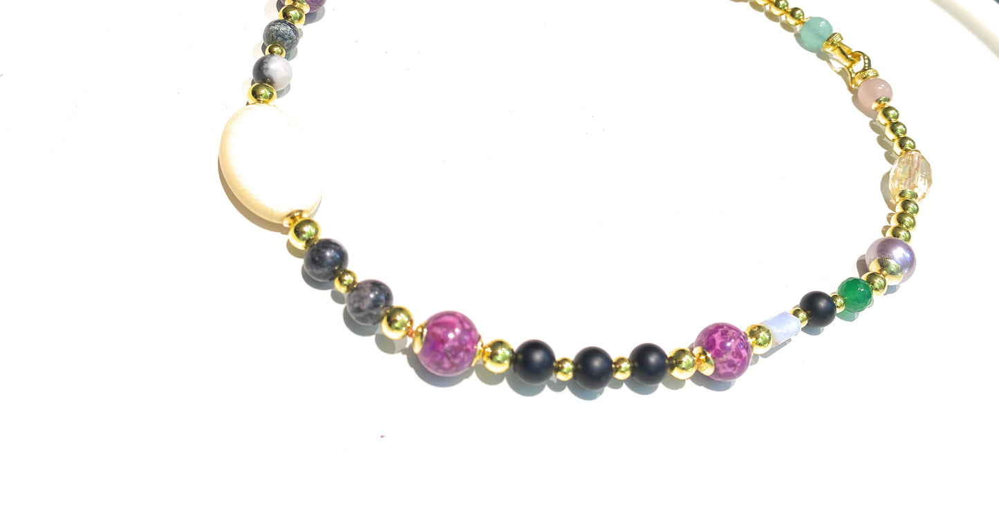 Collana Multicolore Pietre Dure onice, Agata Viola Quarzo Ematite Argento Placcato oro Giallo